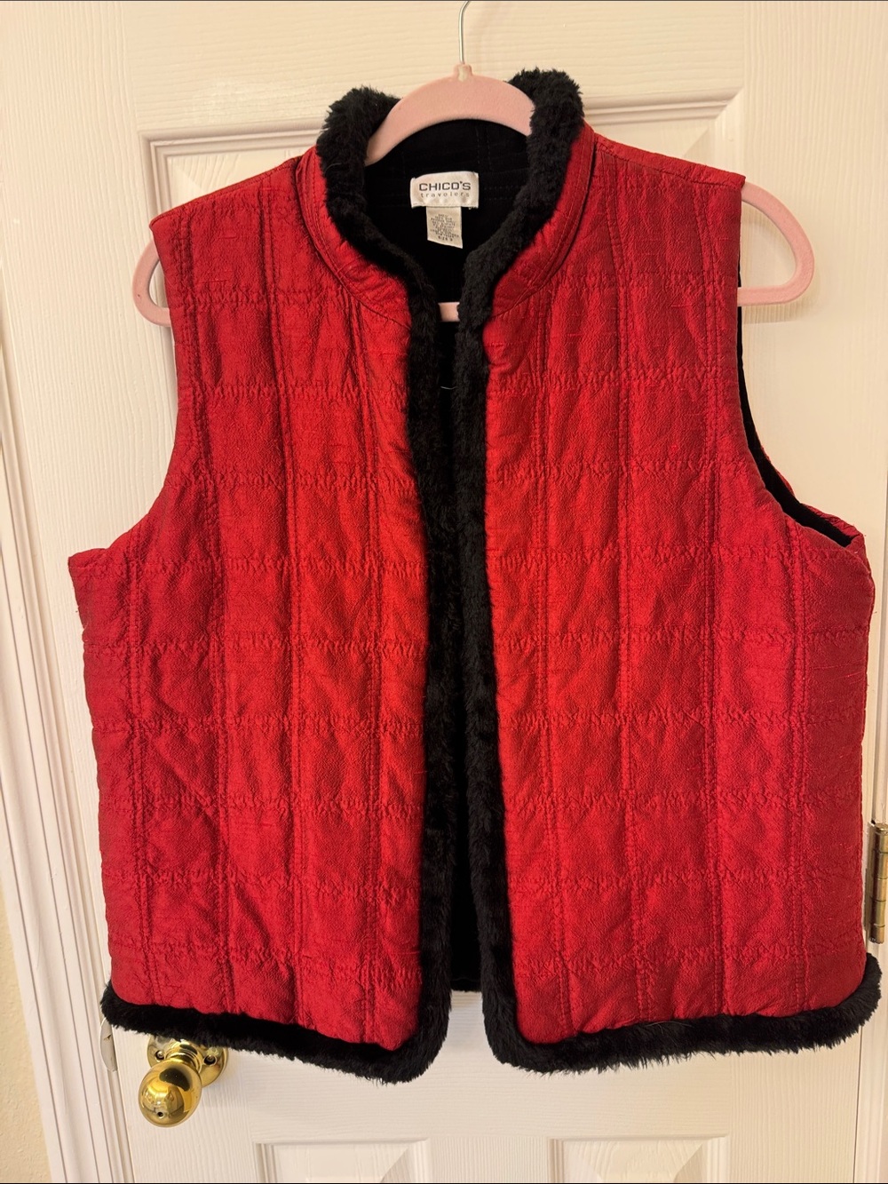 Chico's Red Quilted Vest with Black Faux Fur Trim